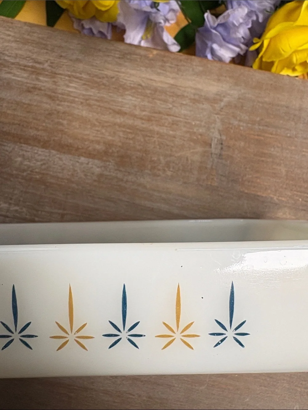 Anchor Hocking White Ceramic Baking Dish with Blue & Gold Starburst Motif